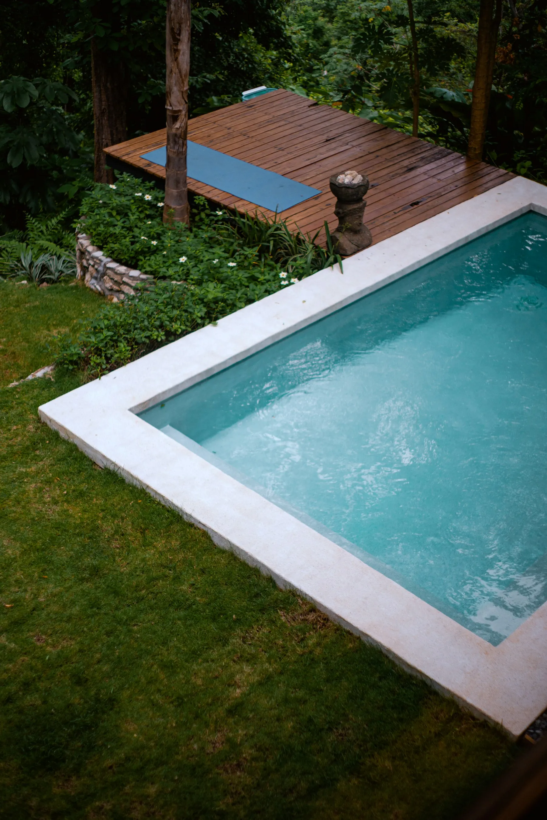 Piscina rettangolare in un giardino, con pedana in legno sul lato lungo